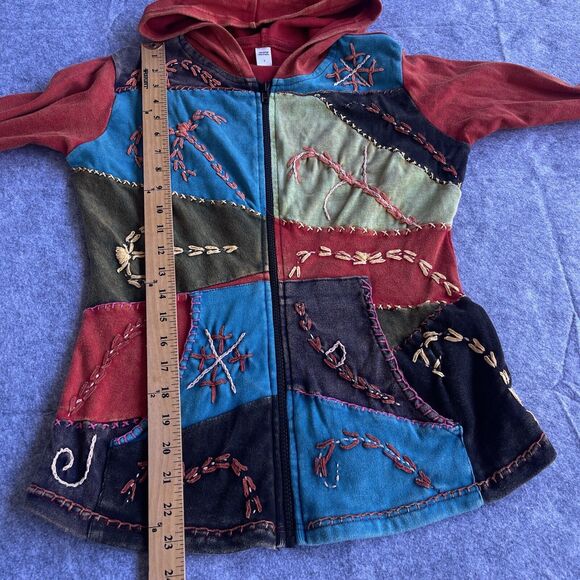 Patchwork Boho Jacket Womens Small Hippie Embroidered Full Zip Hoodie Multicolor - Picture 7 of 8